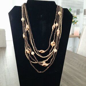 Multi-Strand Brown & tan Beaded Necklace Natural wood beads multi tone